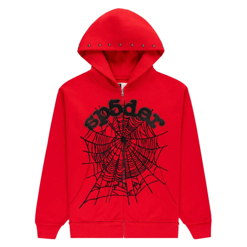 The Red Sp5der Web Zip Hoodie 440GSM features a hood with small metallic studs, a bold black spider web graphic, and "Sp5der" lettering across the chest.