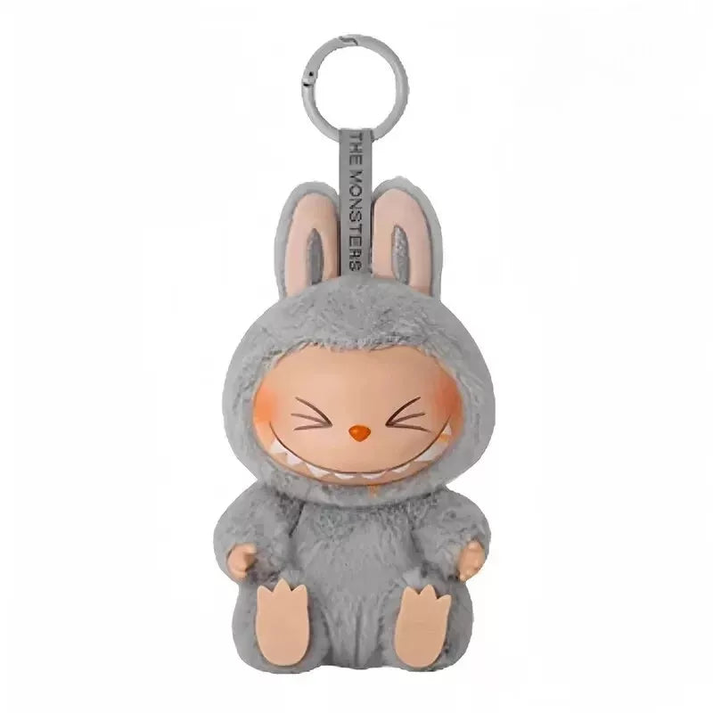 Pop Mart Labubu Hehe Doll Keychain - edição limitada Brinquedo colecionável de coelho cinza