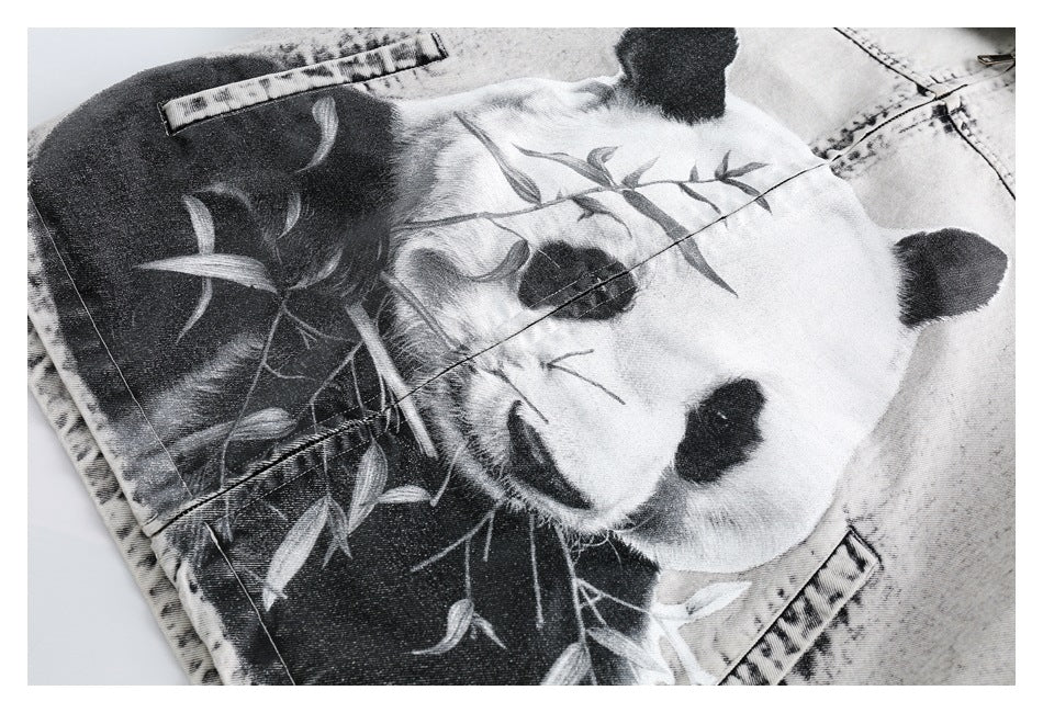 Shop Unique Panda Print Denim Chambray Jacket on Sale - Men's and Women's Long Sleeve Vintage Style - Seakoff