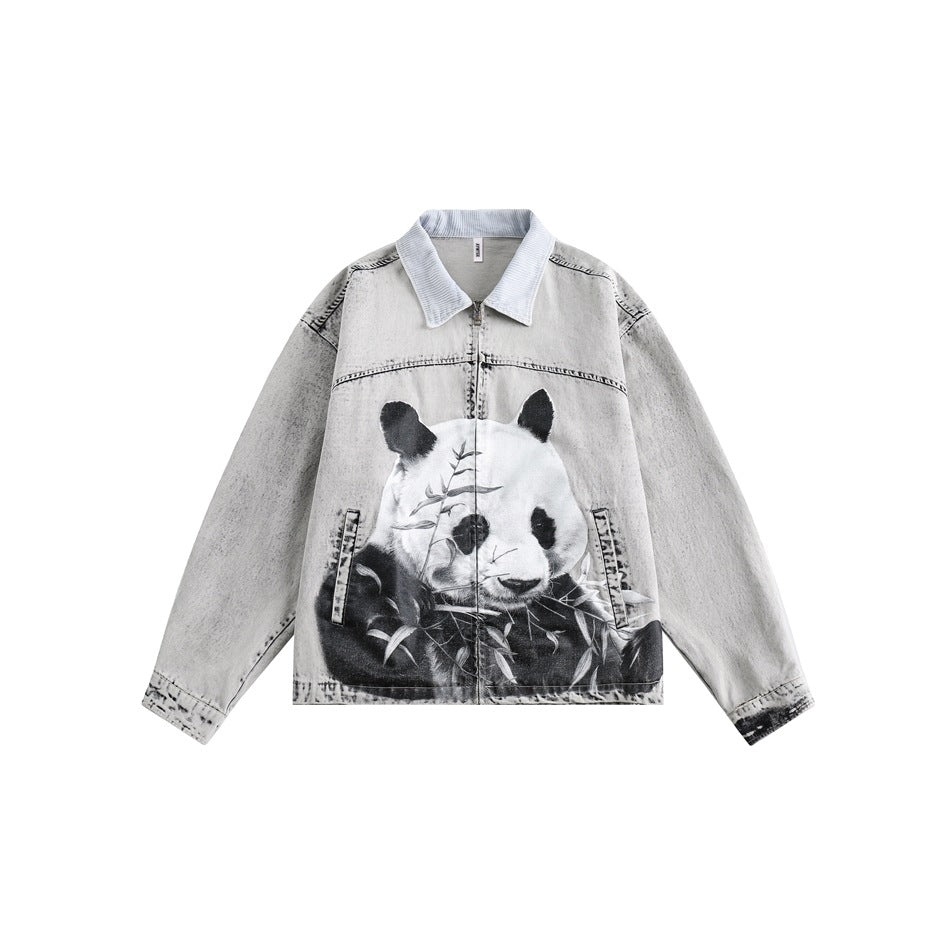 Shop Unique Panda Print Denim Chambray Jacket on Sale - Men's and Women's Long Sleeve Vintage Style - Seakoff