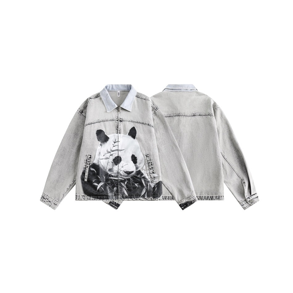 Shop Unique Panda Print Denim Chambray Jacket on Sale - Men's and Women's Long Sleeve Vintage Style - Seakoff