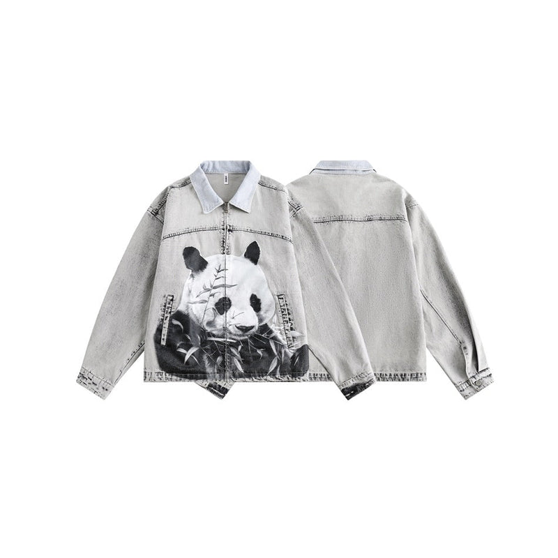 Shop Unique Panda Print Denim Chambray Jacket on Sale - Men's and Women's Long Sleeve Vintage Style - Seakoff