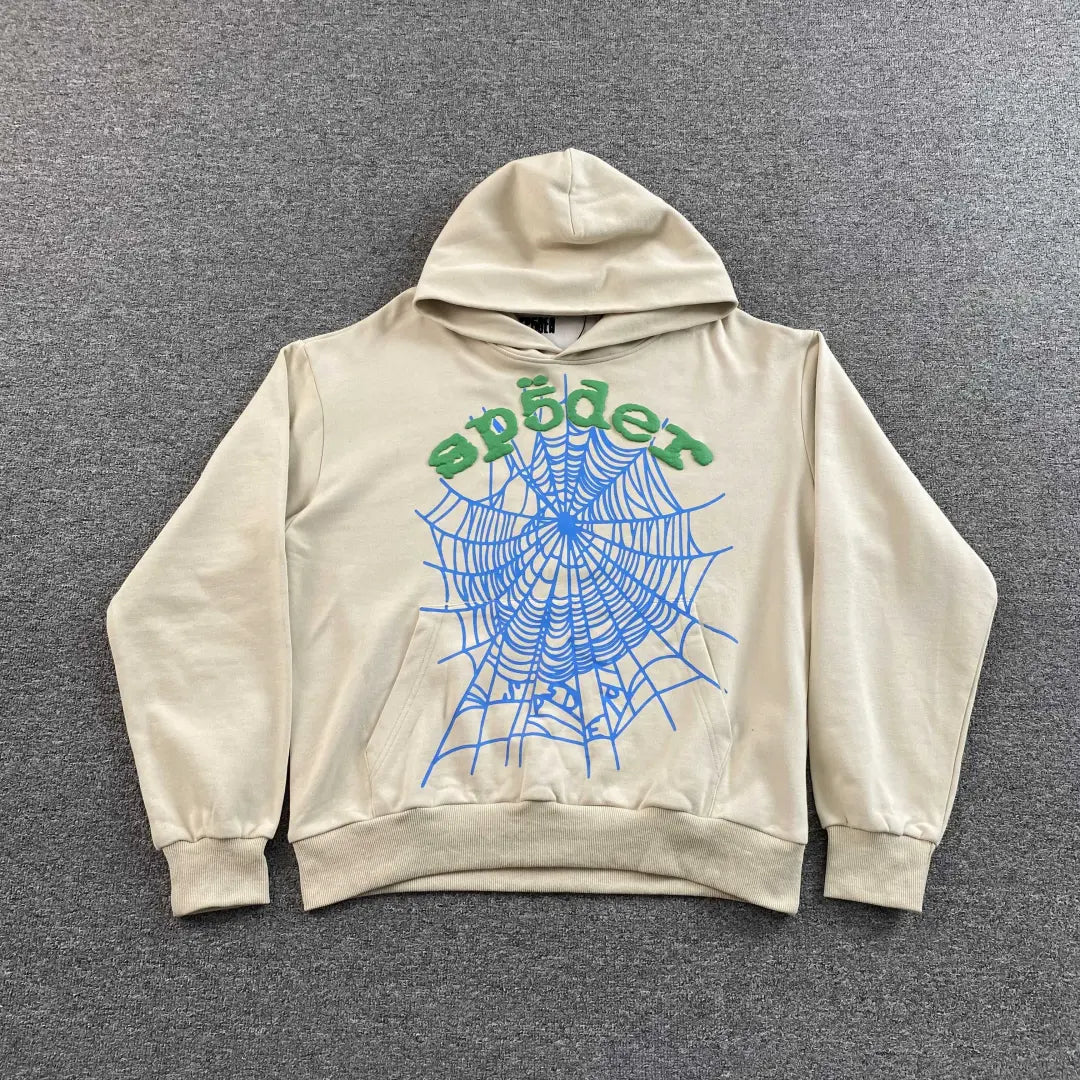 Cream Sp5der Sky Web Hoodie 440GSM – Cream Spider Hoodie Blau Grün Puff Logo