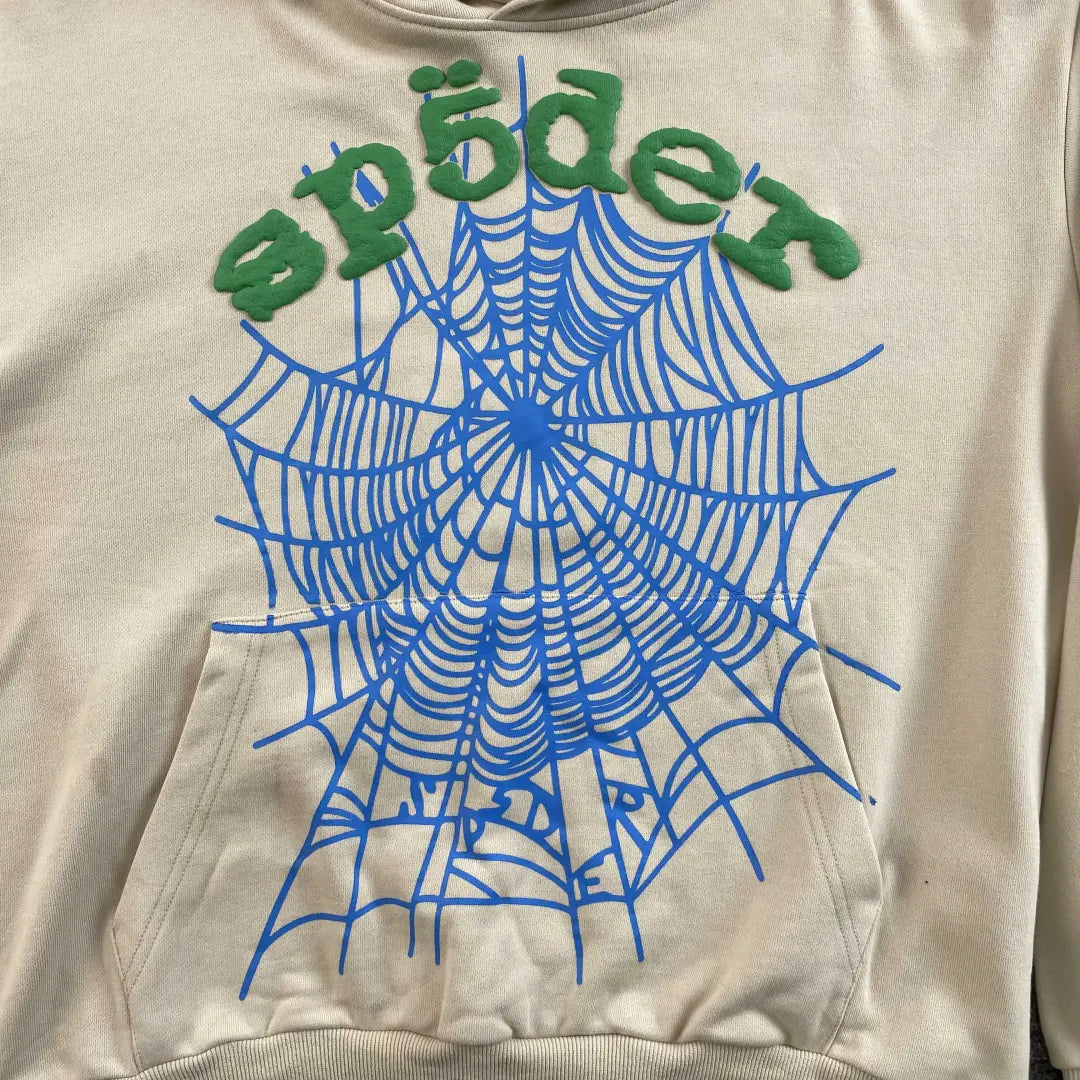Cream Sp5der Sky Web Hoodie 440GSM – Cream Spider Hoodie Blau Grün Puff Logo