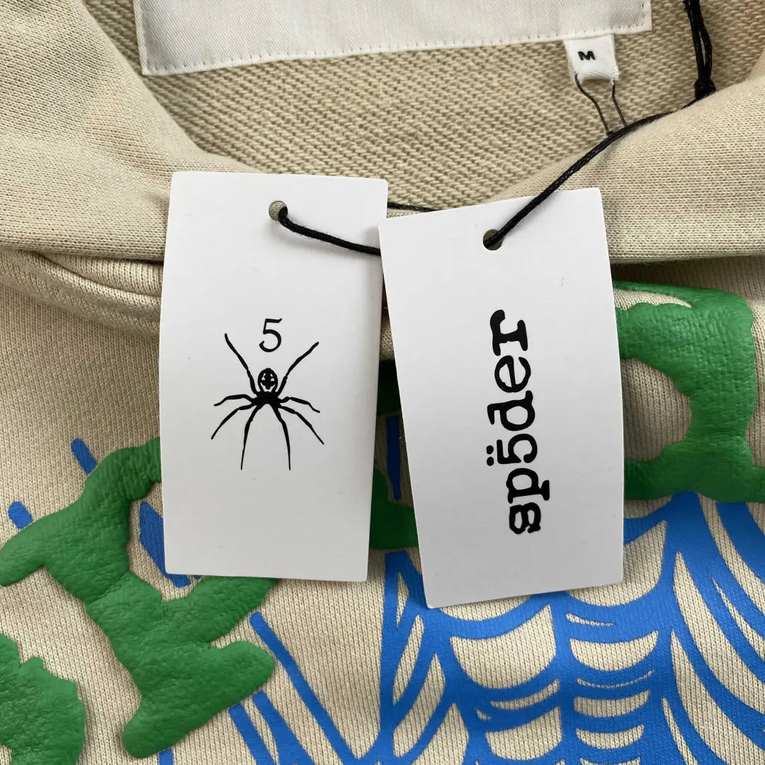 Cream Sp5der Sky Web Hoodie 440GSM – Cream Spider Hoodie Blau Grün Puff Logo