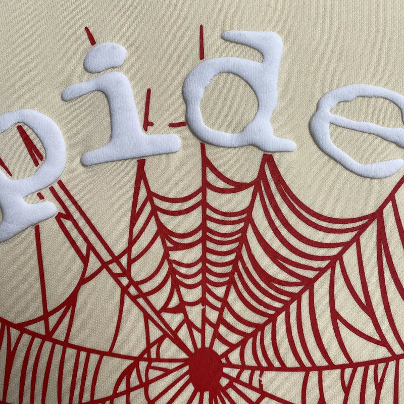Cream Beige Sp5der Web Classic Hoodie 440GSM – Cream Spider Hoodie Red Web Print