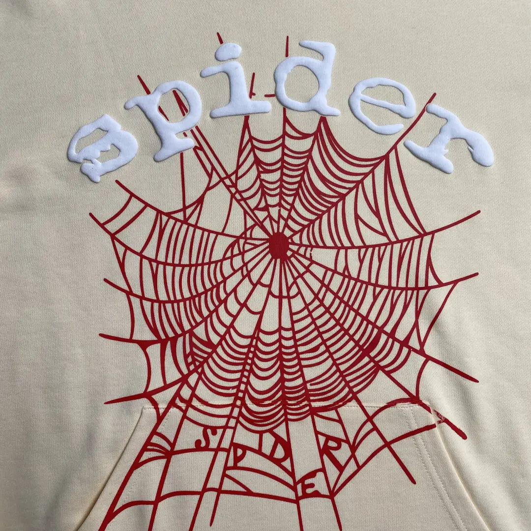 Creme Beige Sp5der Web Classic Hoodie 440GSM – Creme Spider Hoodie Rot Web Print