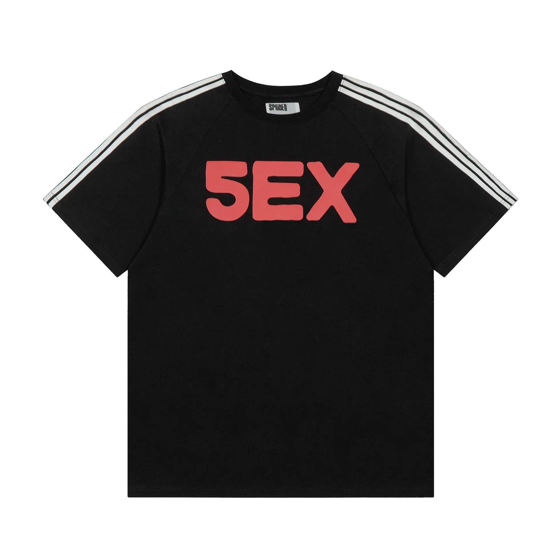 Sp5der black short sleeve t-shirt with bold red graphic chest print and white shoulder stripe detailing