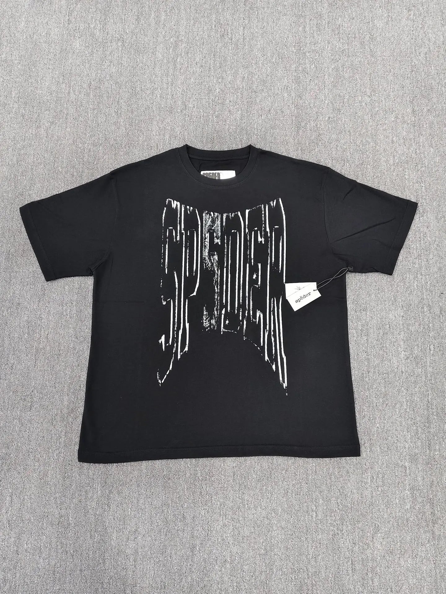 Sp5der black graphic short sleeve t-shirt with bold white distressed logo print on the chest
