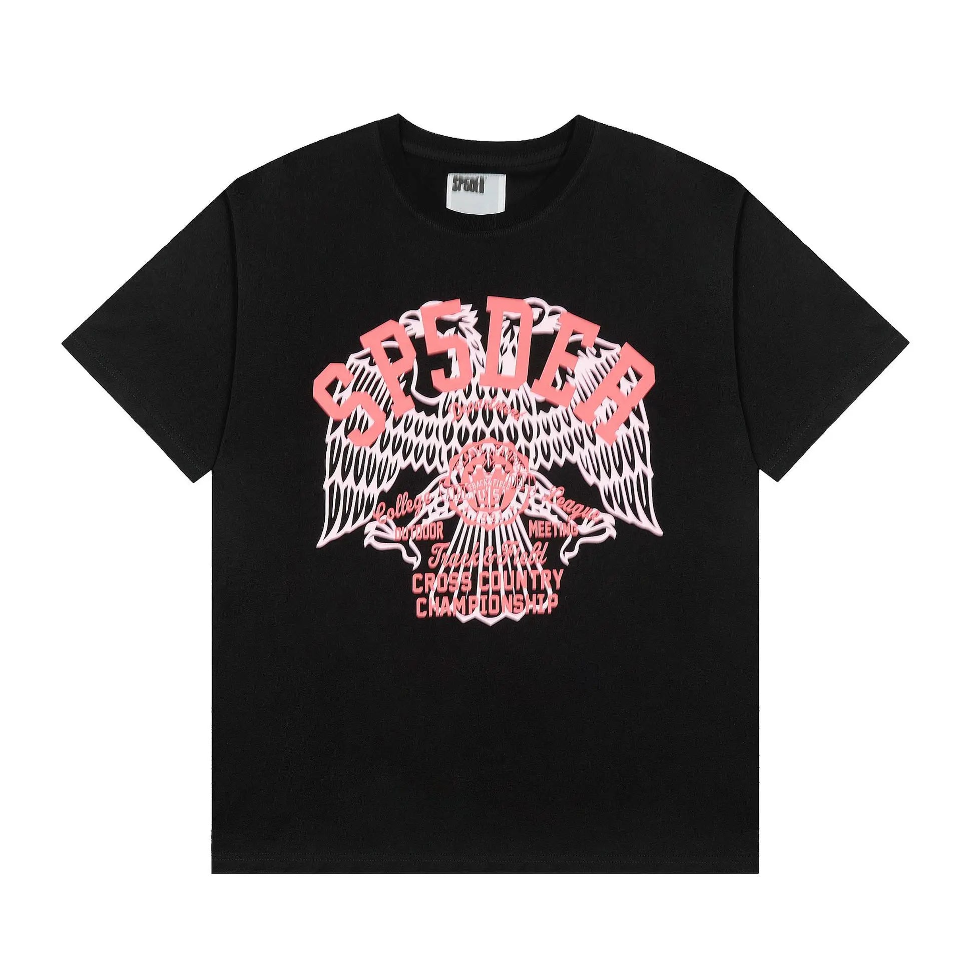 Sp5der black short sleeve t-shirt with pink and white eagle graphic print on the chest