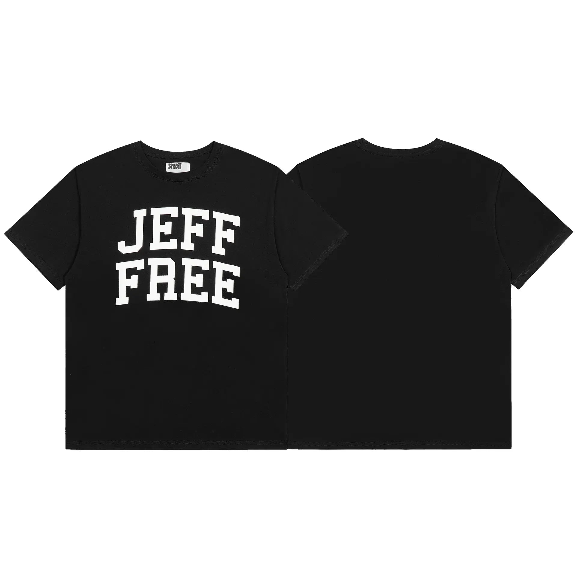 Sp5der black short sleeve t-shirt with white varsity Jeff Free letter print on the front