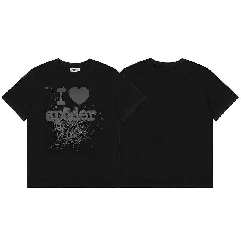 Black Sp5der I Heart Sp5der spider web graphic short sleeve t-shirt, front and back view