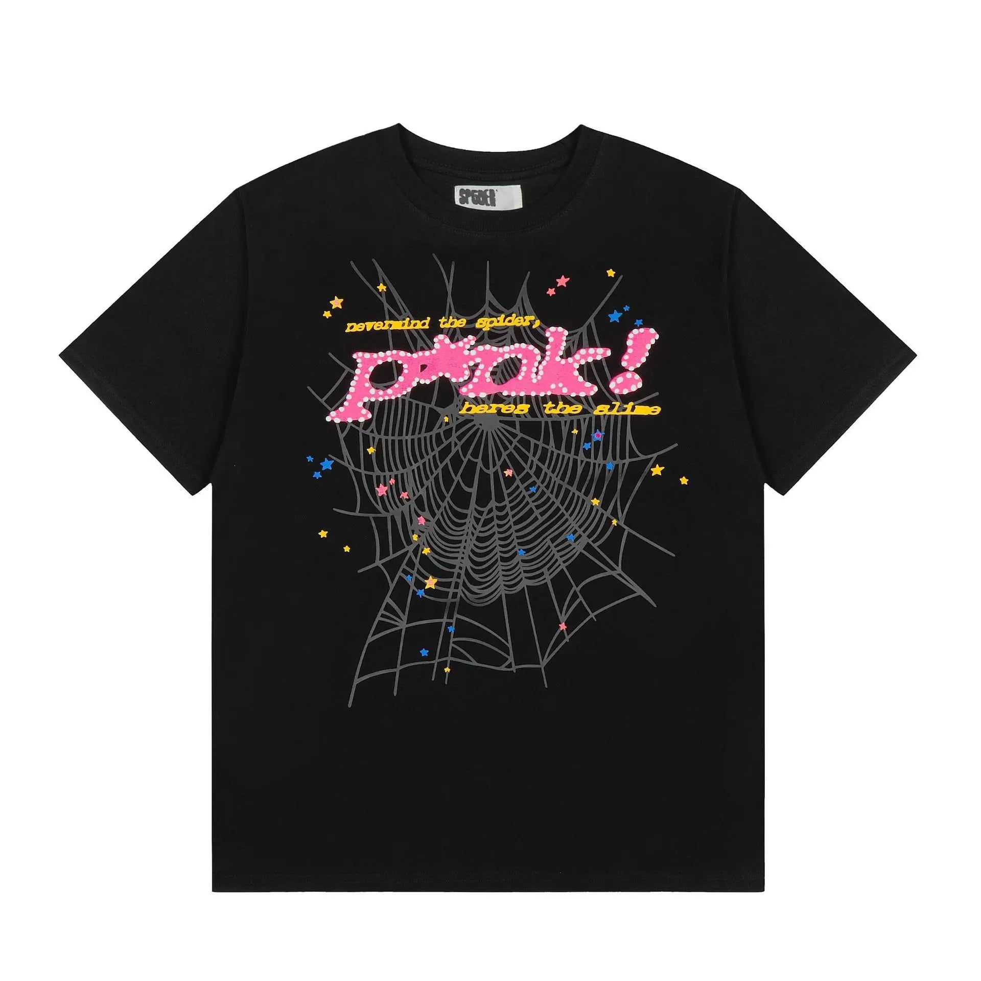 Black Sp5der t-shirt with large spider web graphic, pink bold lettering and colorful star print on the front