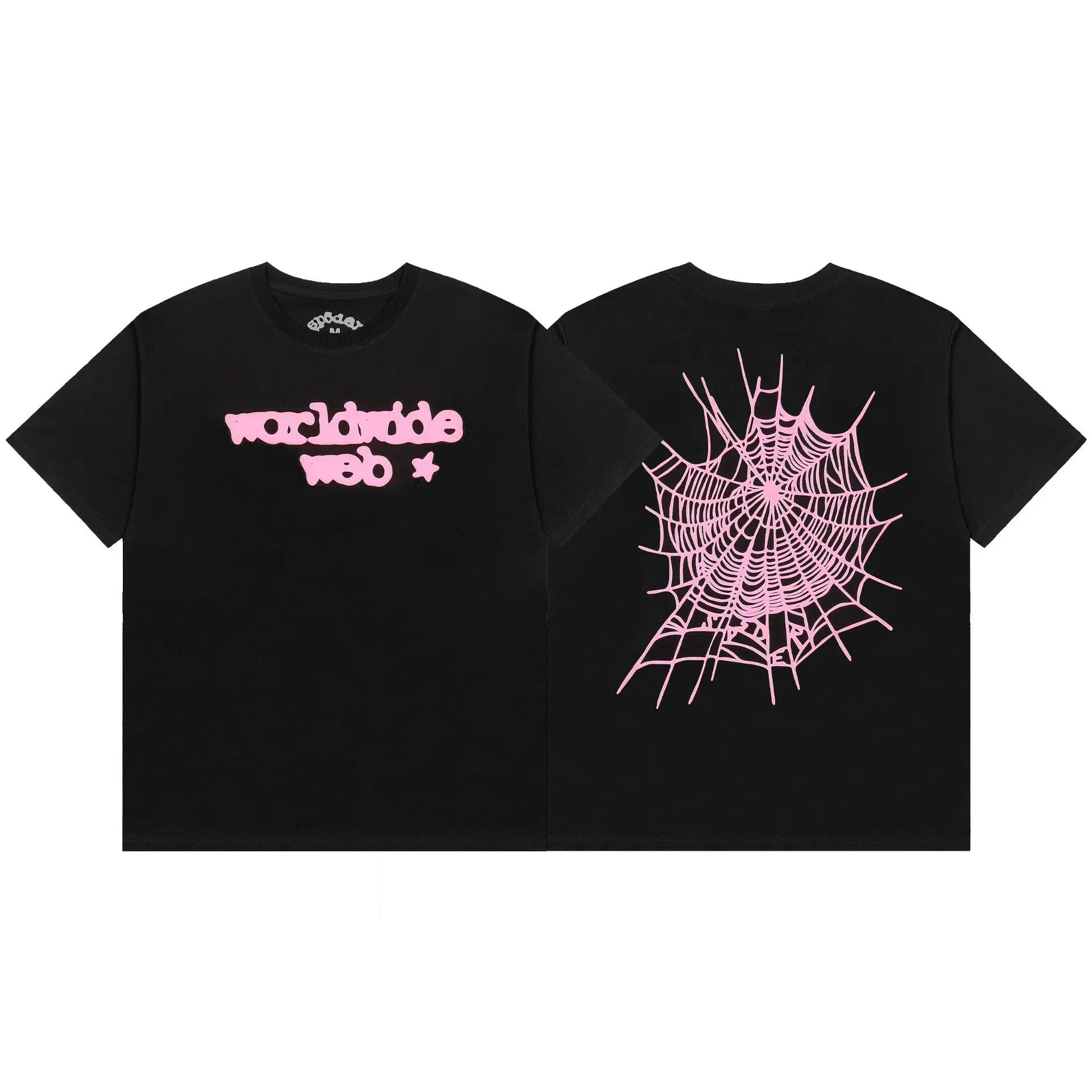 Sp5der black short sleeve t-shirt with pink worldwide web slogan on the front and large pink spider web graphic on the back