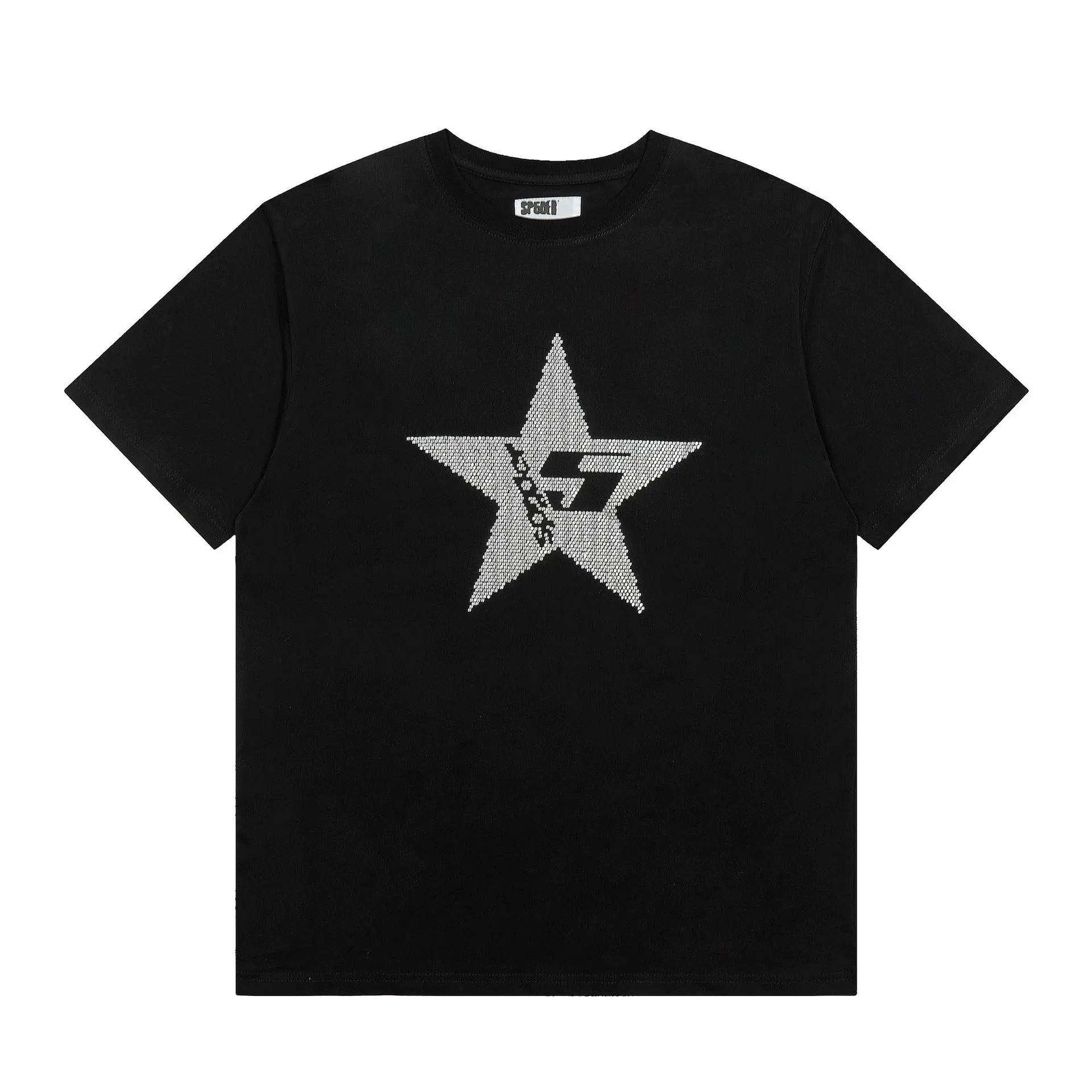 Sp5der black short sleeve t-shirt with oversized silver star graphic and Sp5der branding on the chest
