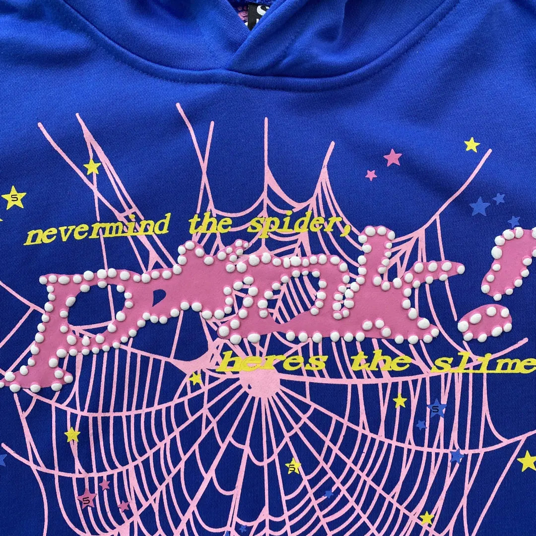 Sp5der „P!nk! Nevermind the Spark“ Hoodie – Königsblau 440GSM Heavyweight Streetwear Pullover
