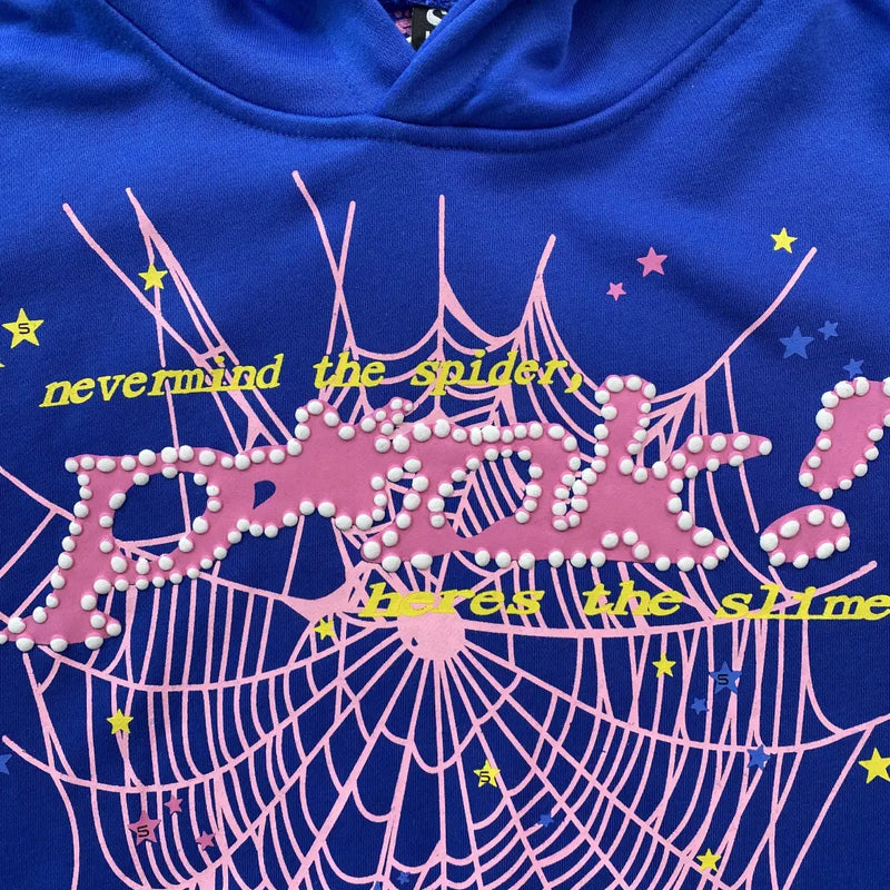 Sp5der „P!nk! Nevermind the Spark“ Hoodie – Königsblau 440GSM Heavyweight Streetwear Pullover
