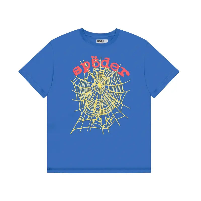 Sp5der blue short sleeve t-shirt with yellow spider web graphic and red Sp5der lettering on the front chest