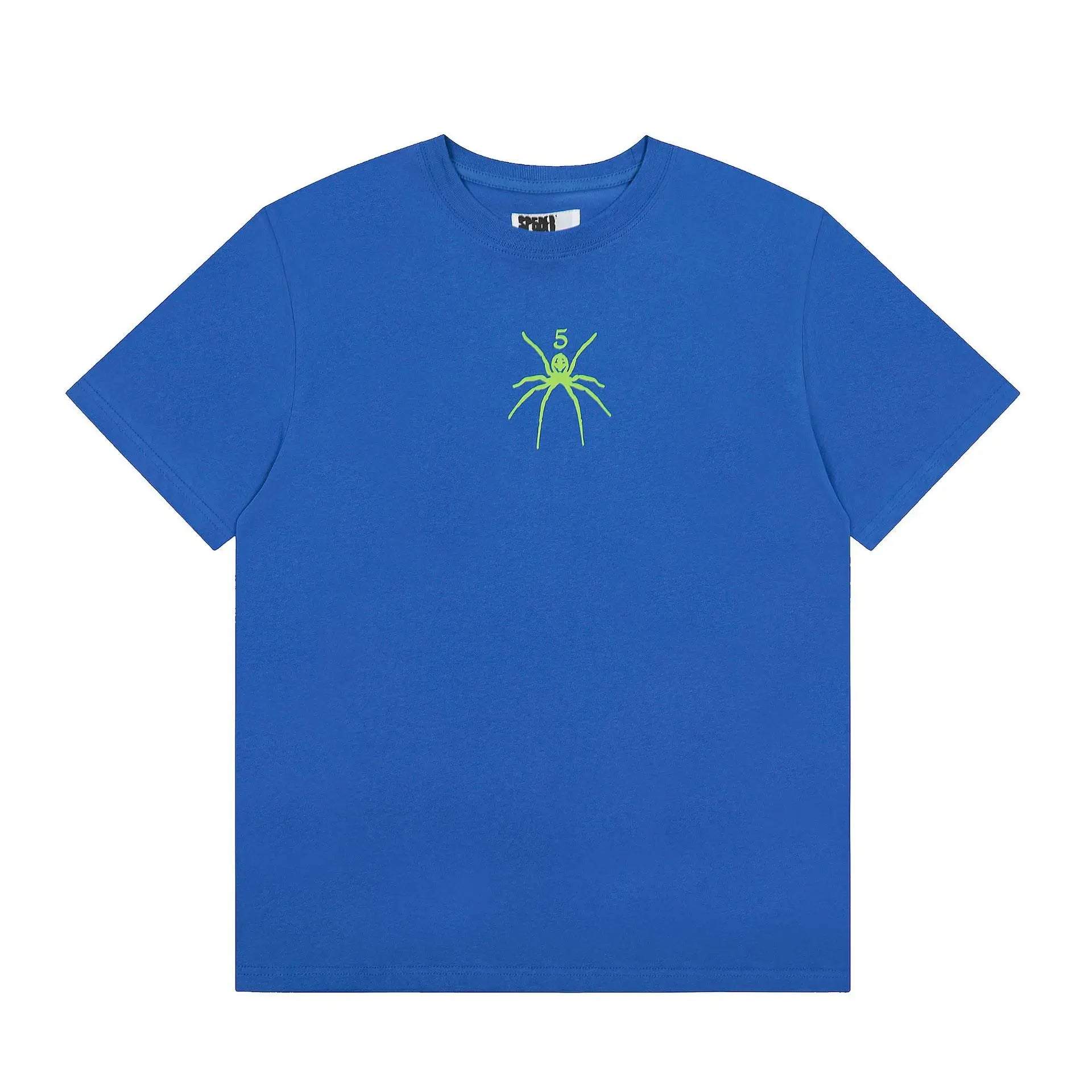 Royal blue Sp5der short sleeve t-shirt with neon green spider graphic at center chest