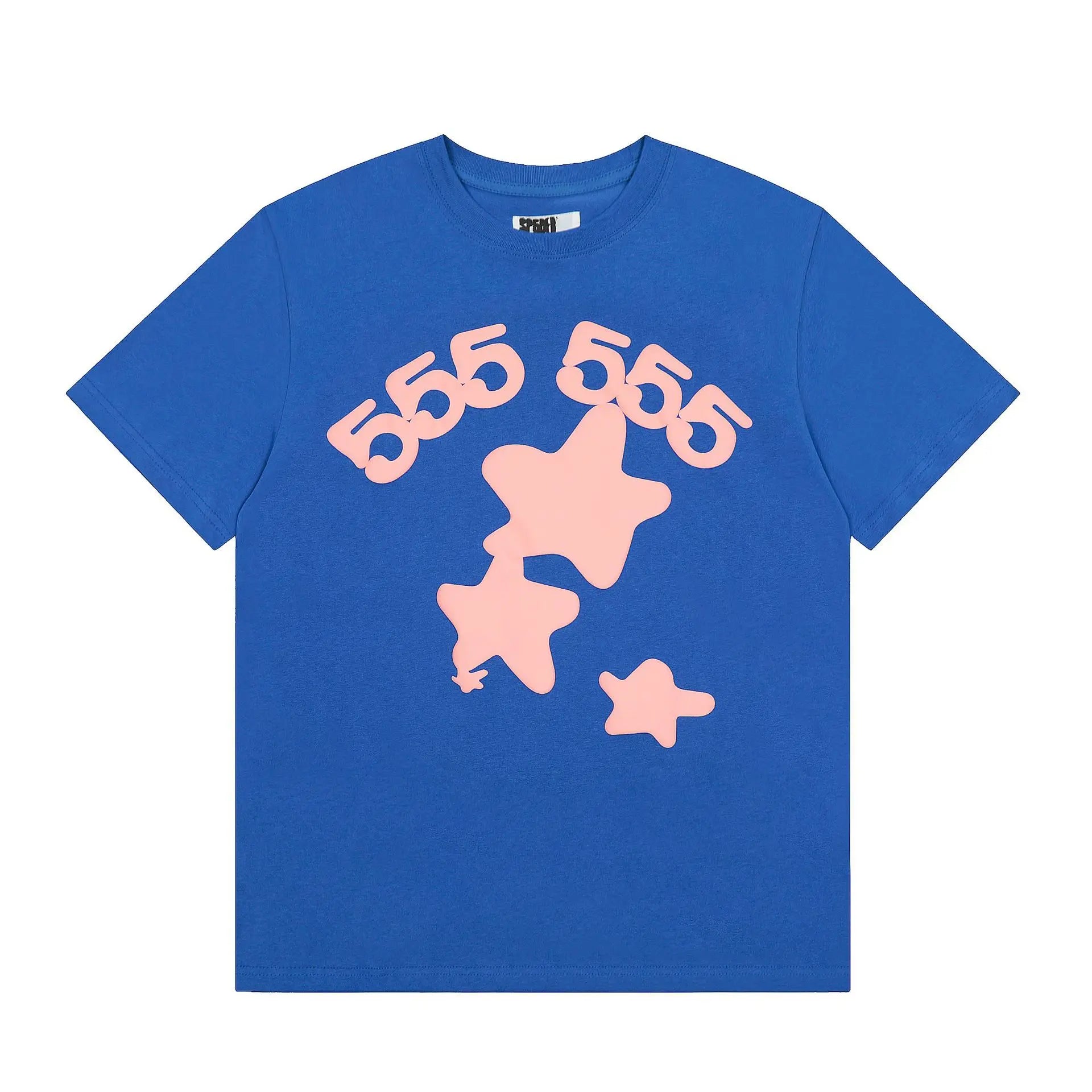 Sp5der 555 blue cotton t-shirt with pink star graphic print and short sleeves