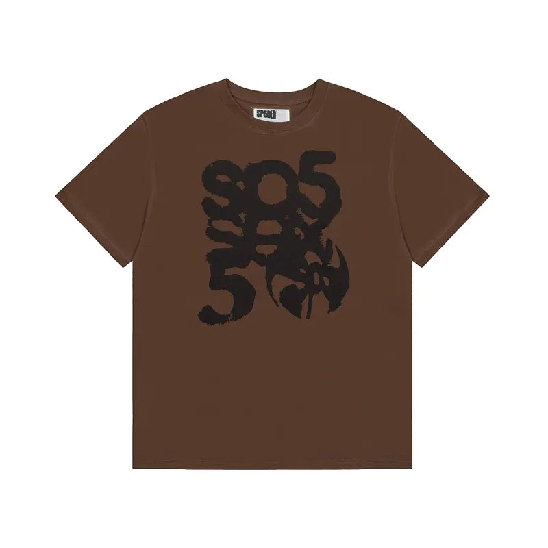 Sp5der 555 brown graphic short sleeve t-shirt with bold black print on front