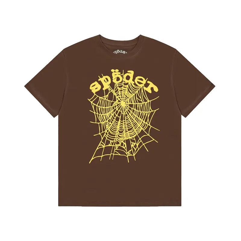 Brown Sp5der t-shirt with yellow spider web graphic and Sp5der script lettering on the front