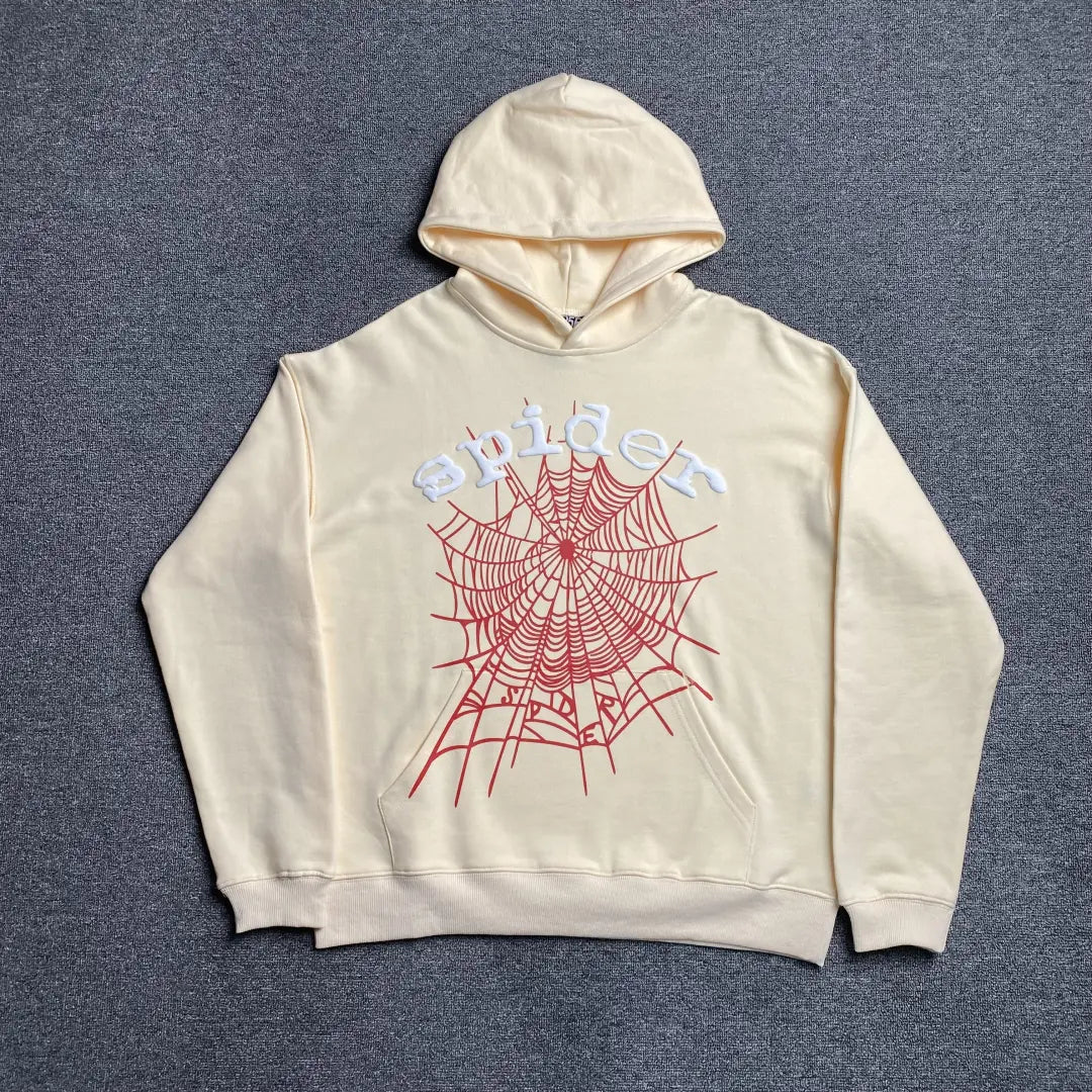Creme Beige Sp5der Web Classic Hoodie 440GSM – Creme Spider Hoodie Rot Web Print