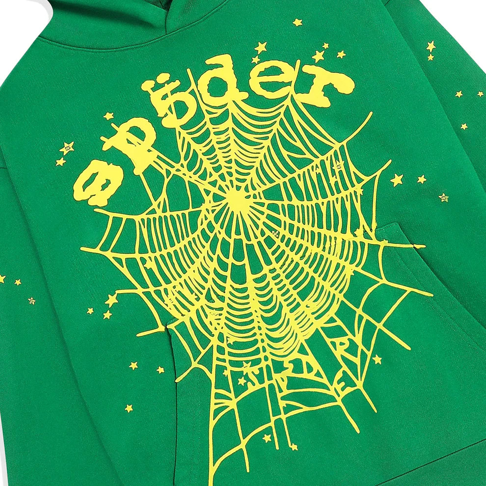 The Sp5der Web Hoodie – Emerald Green & Yellow 440GSM Heavyweight Oversized Streetwear Pullover features Y2K-inspired style with a bold yellow spider web, “sp5der” lettering, and star accents for standout streetwear flair.