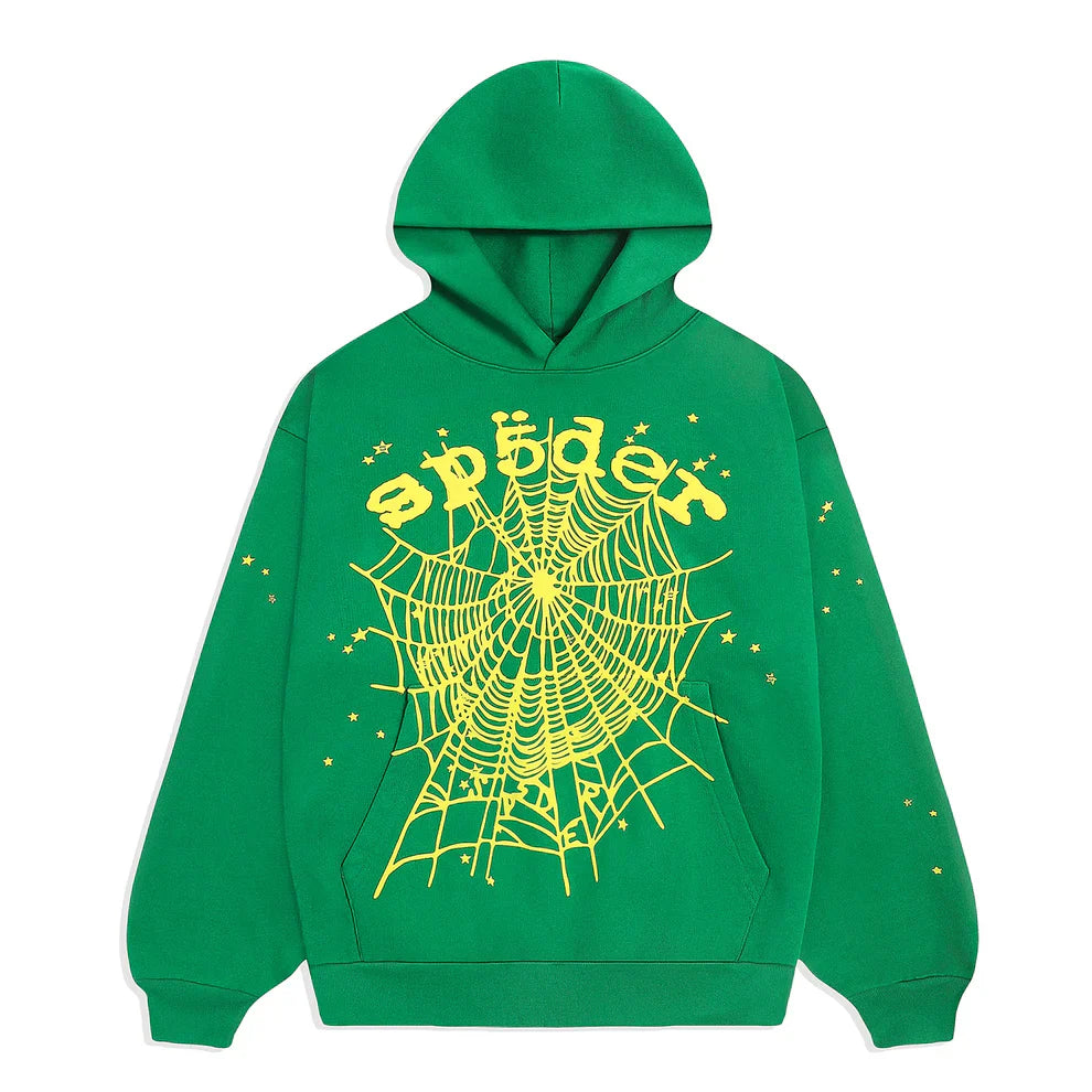 The Sp5der Web Hoodie – Emerald Green & Yellow 440GSM Heavyweight Oversized Streetwear Pullover features a bold yellow spiderweb and "spider" lettering with star accents, ideal for standout Y2K-inspired style.