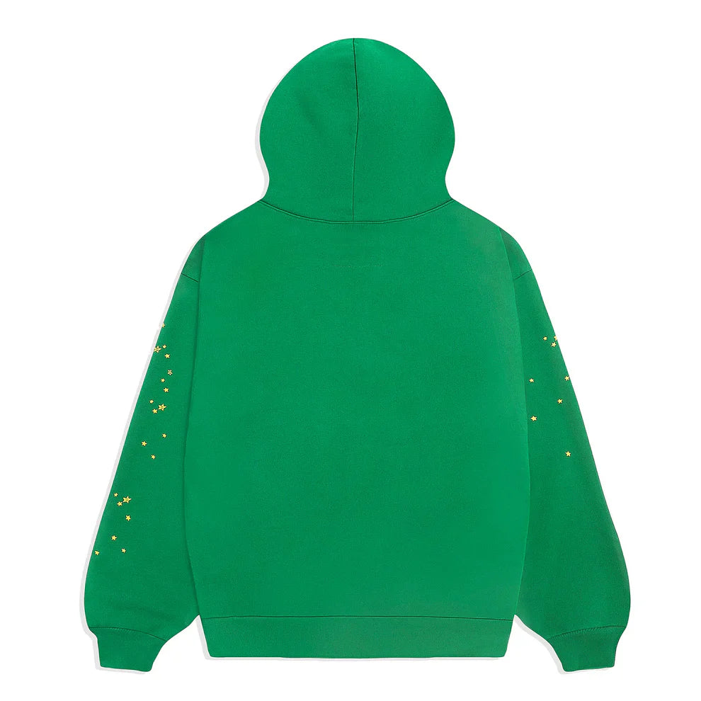 The Sp5der Web Hoodie in emerald green and yellow is a 440GSM heavyweight, oversized streetwear pullover with small yellow star designs along the sleeves—ideal for embracing bold Y2K style.