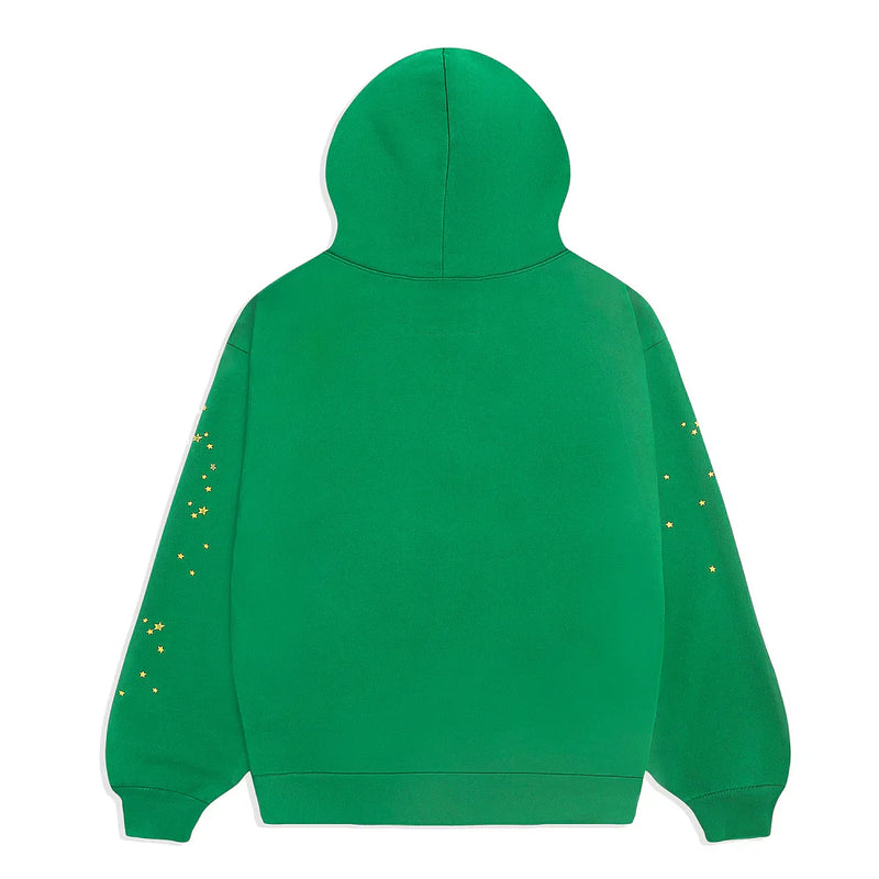 The Sp5der Web Hoodie in emerald green and yellow is a 440GSM heavyweight, oversized streetwear pullover with small yellow star designs along the sleeves—ideal for embracing bold Y2K style.