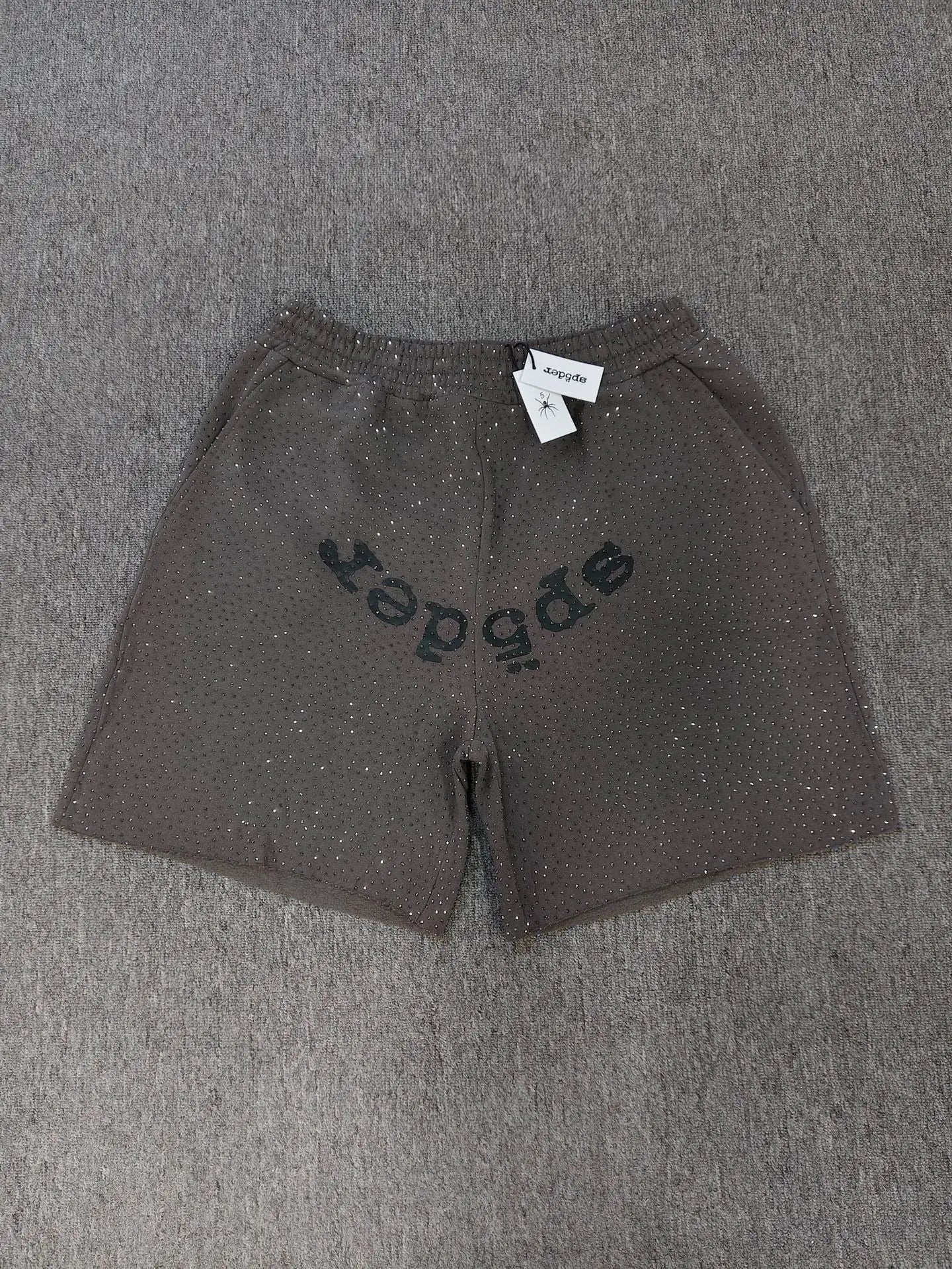 Sp5der gray cotton jogger shorts with rhinestone embellishment and letter graphic print