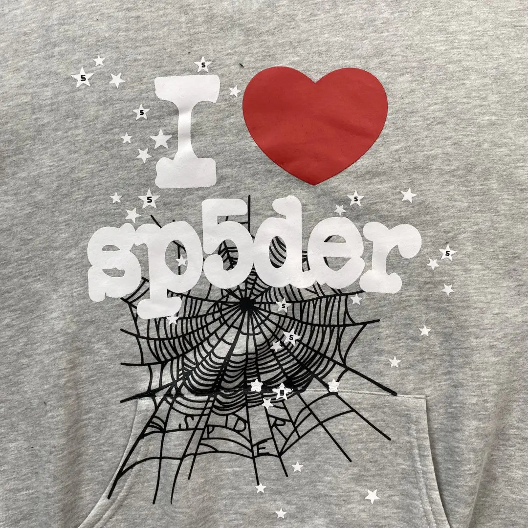 Grey Sp5der I Love Spider Hoodie 440GSM – Grey Spider Hoodie I Heart Web Print