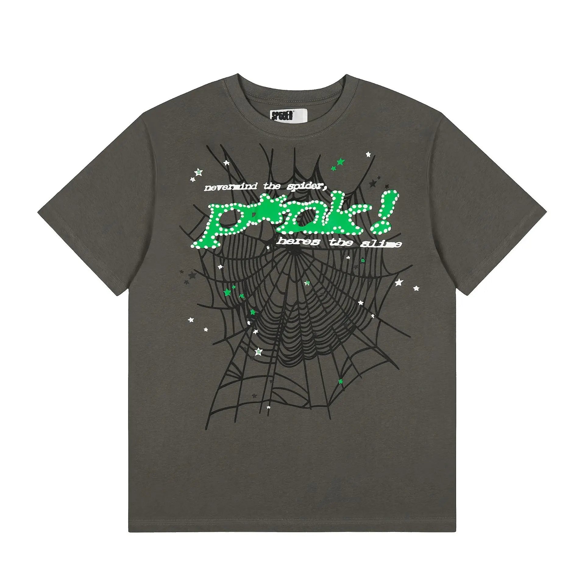 Gray Sp5der short sleeve t-shirt with spider web graphic and green lettering on the front