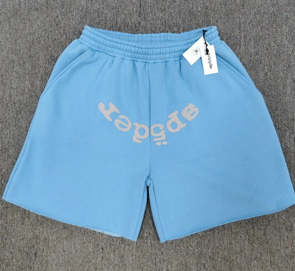 Sp5der light blue cotton jogger shorts with grey mirrored letter print on the front and elastic drawstring waistband