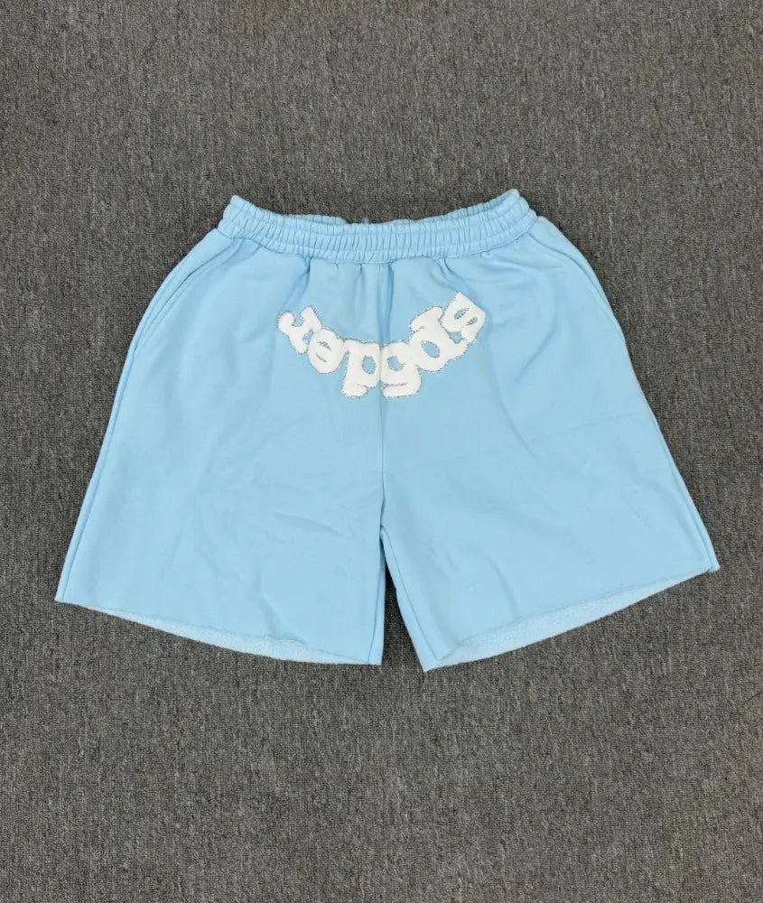 Sp5der light blue cotton jogger shorts with white arc logo print on the front