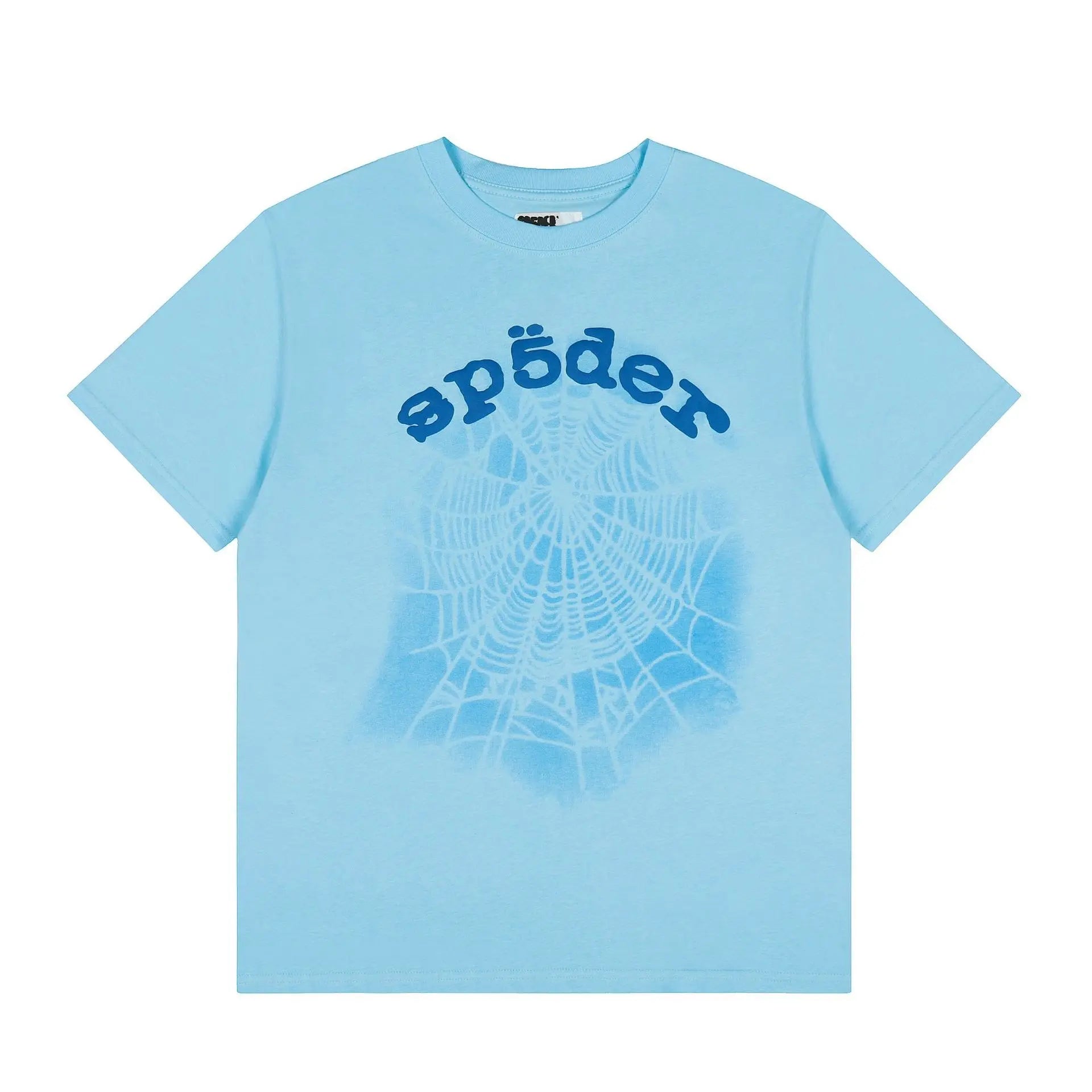 Light blue Sp5der t-shirt with spider web graphic and arched logo print on the chest