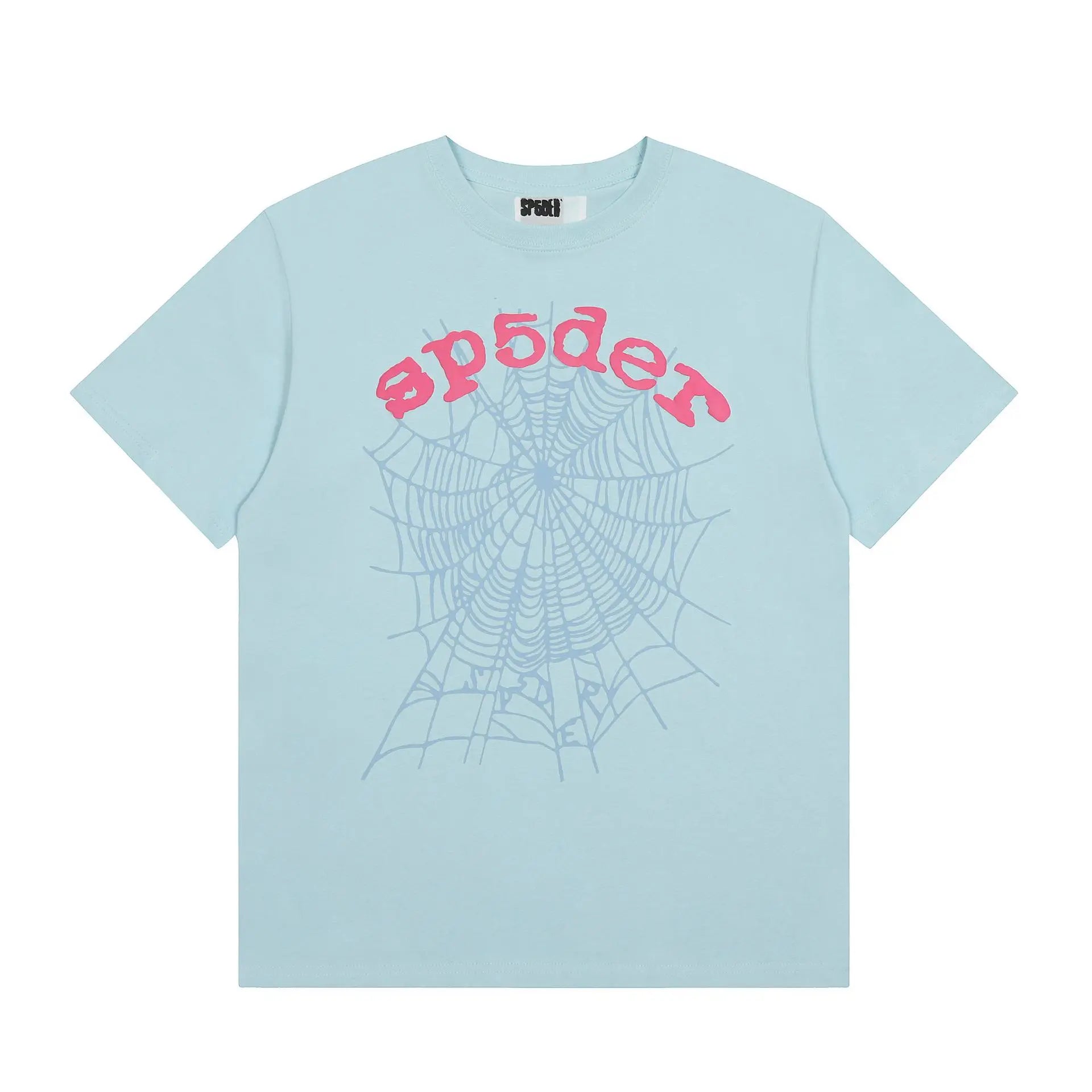 Light blue Sp5der short sleeve t-shirt with pink arched logo lettering and tonal spider web graphic on the chest