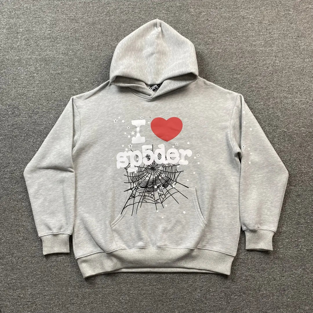 Grey Sp5der I Love Spider Hoodie 440GSM – Grey Spider Hoodie I Heart Web Print