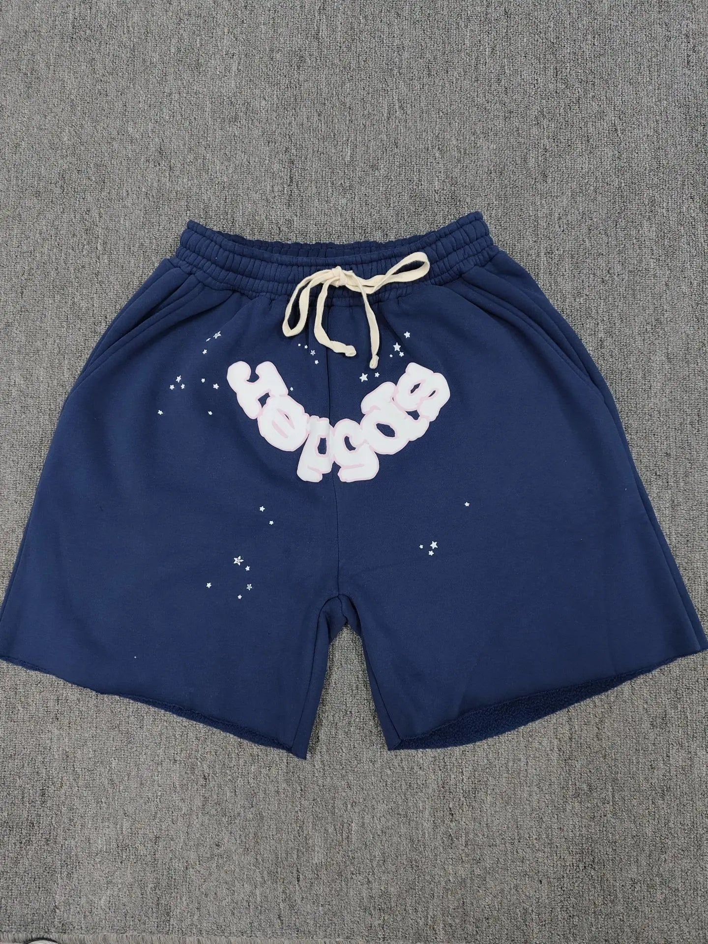Sp5der navy blue cotton jogger shorts with puff letter front graphic and star print details