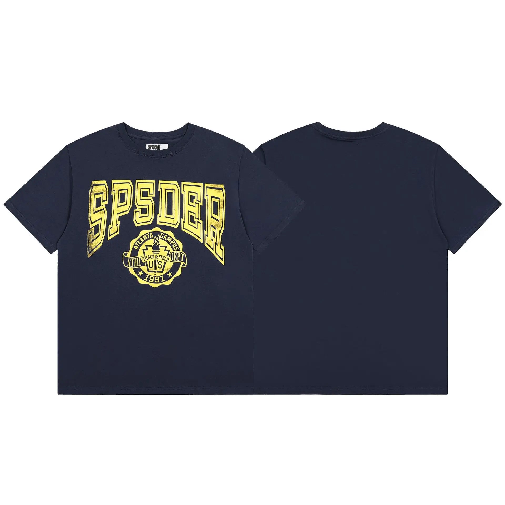 Sp5der navy blue short sleeve t-shirt with yellow collegiate arch logo graphic on the front