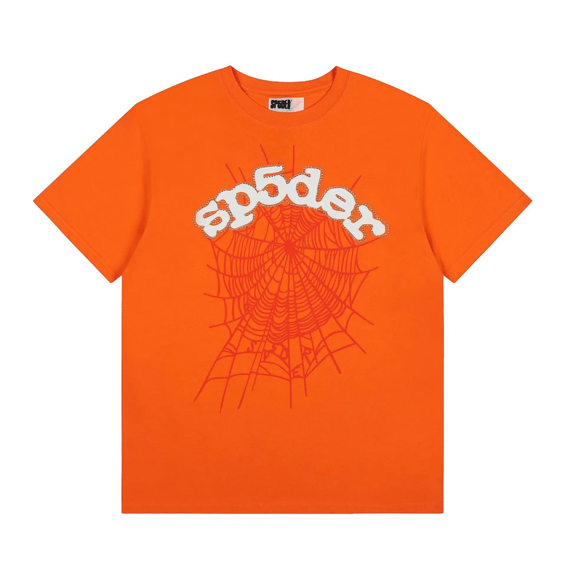 Orange Sp5der t-shirt with spider web graphic print and white Sp5der logo lettering on the chest