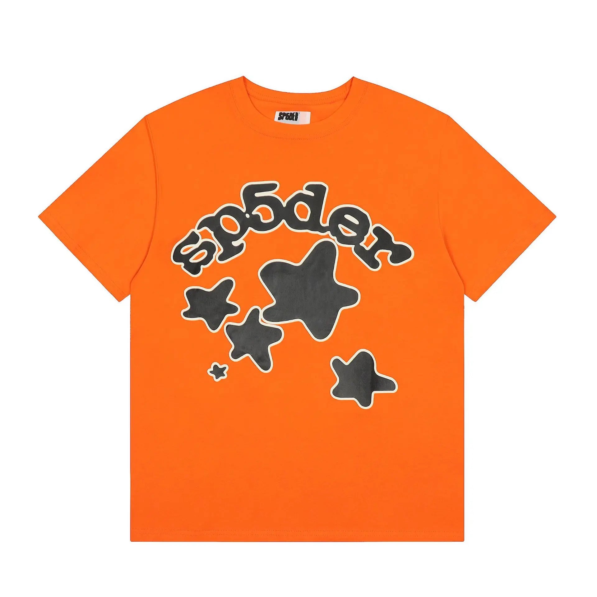 Orange Sp5der star graphic short sleeve t-shirt with puff-print lettering and star cluster design
