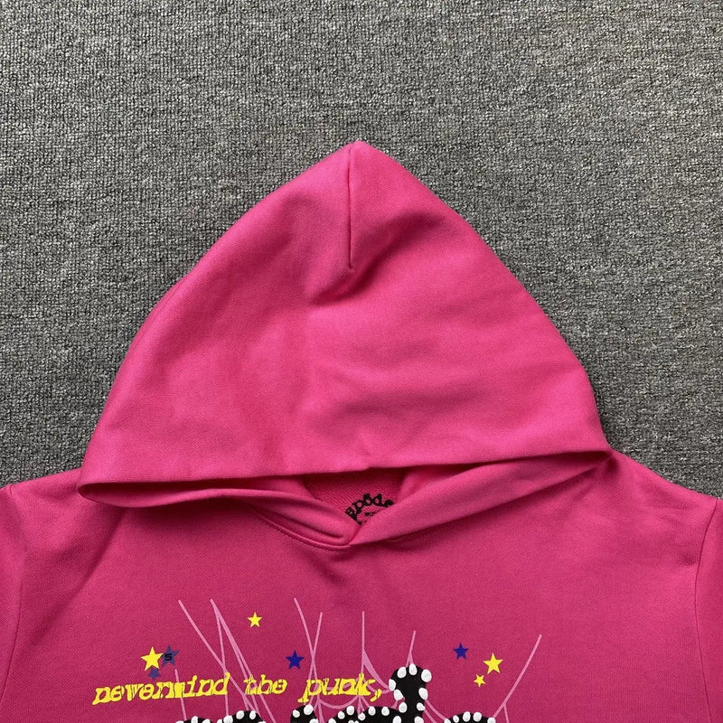 Hot Pink Sp5der Punk Slime Hoodie 440GSM – Pink Spider Hoodie Rhinestone Style Web Stars