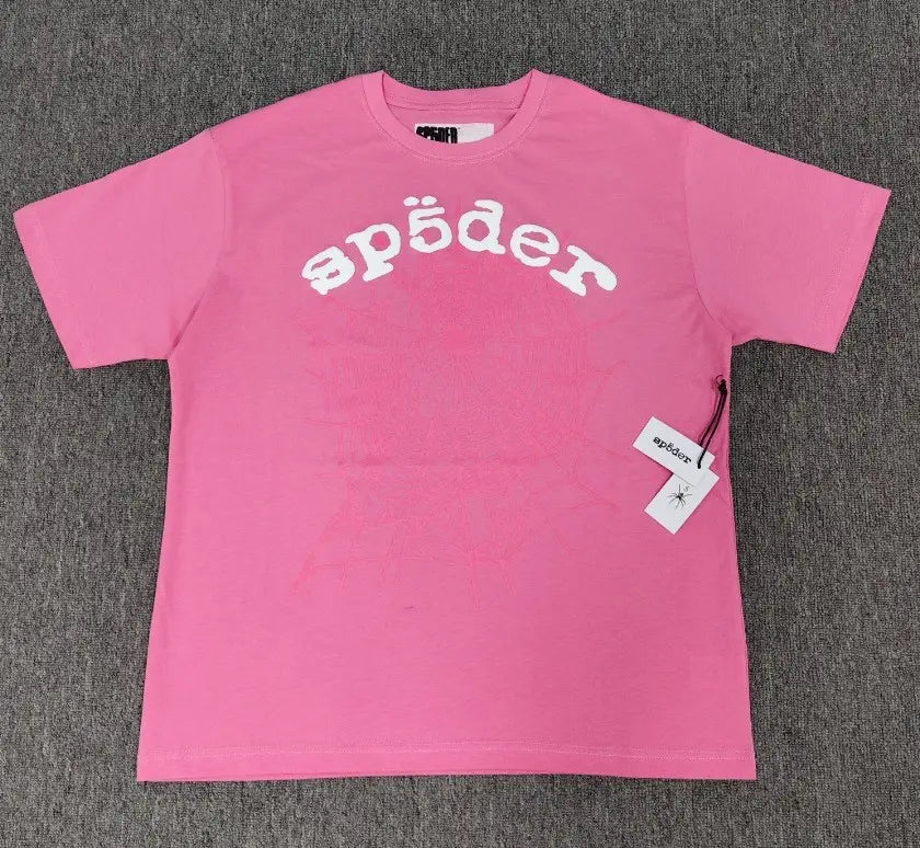 Pink Sp5der graphic t-shirt with arched logo and spider web print on the front