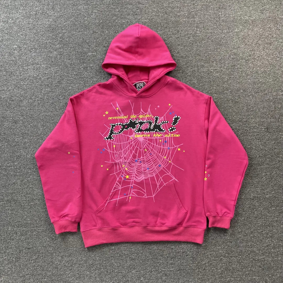 Hot Pink Sp5der Punk Slime Hoodie 440GSM – Pink Spider Hoodie Rhinestone Style Web Stars