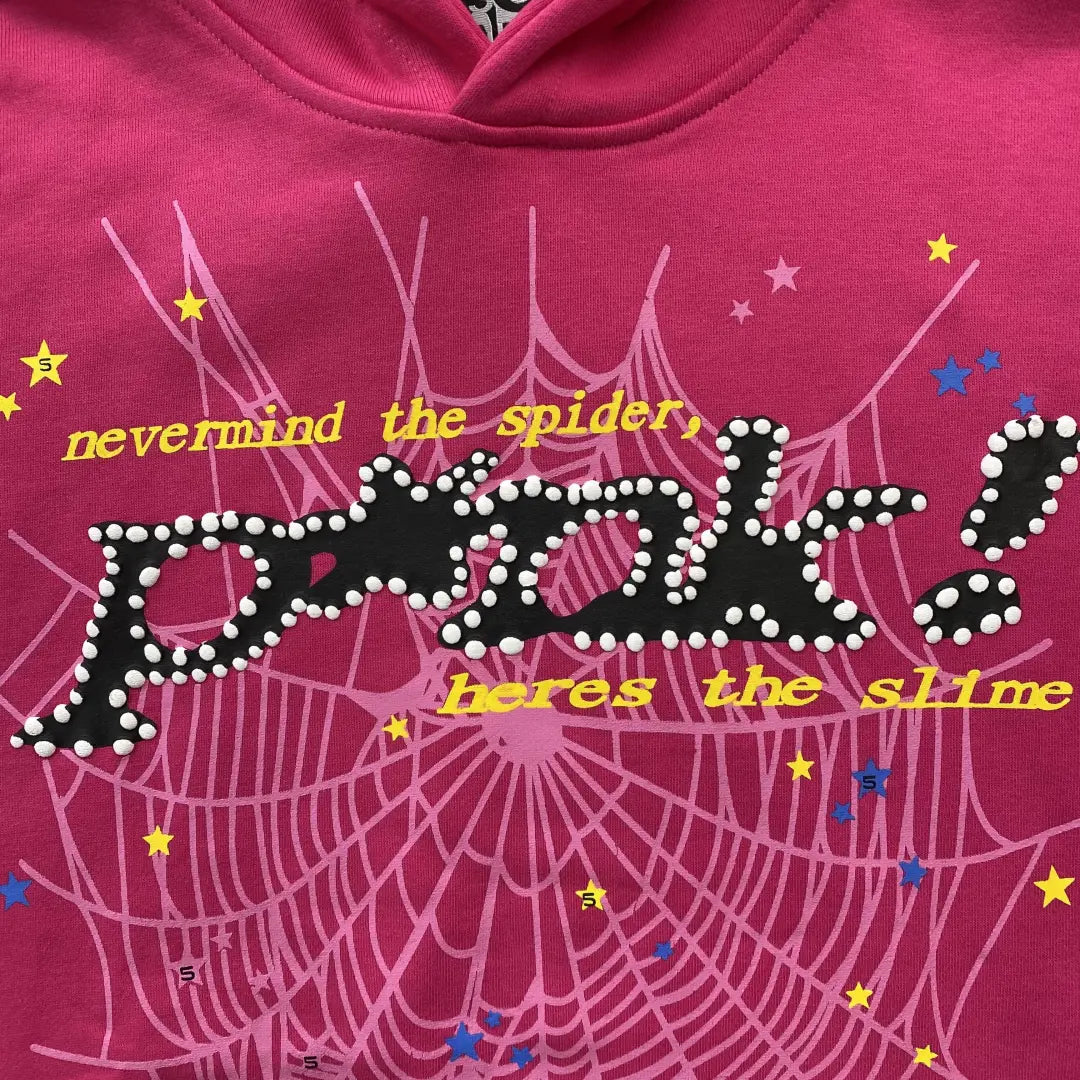 Heißer pinker Sp5der Punk Slime Hoodie 440GSM – Pink Spider Hoodie Strass-Stil Web-Sterne
