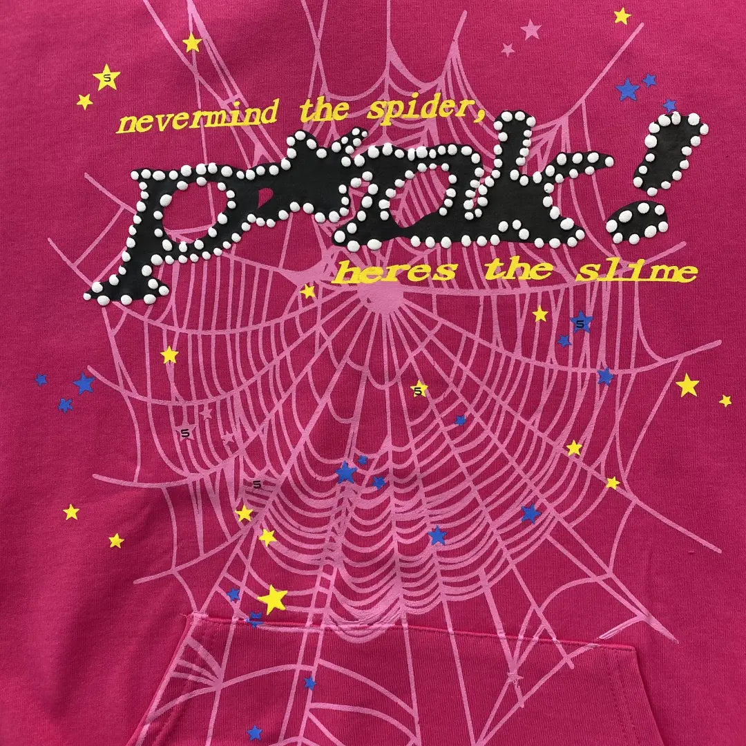Heißer pinker Sp5der Punk Slime Hoodie 440GSM – Pink Spider Hoodie Strass-Stil Web-Sterne