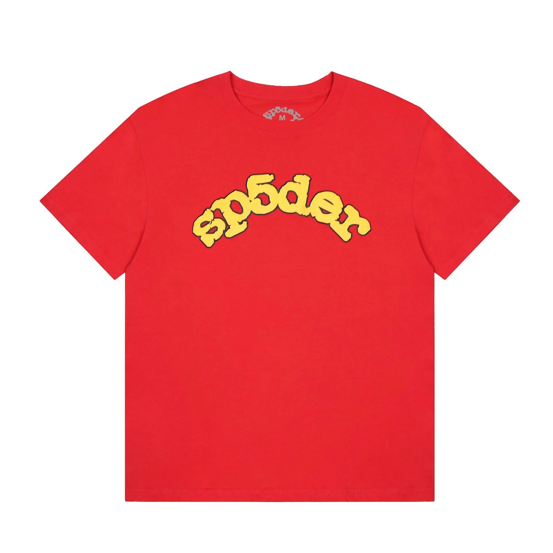 Red Sp5der short sleeve t-shirt with bold yellow arched graphic logo print on the chest