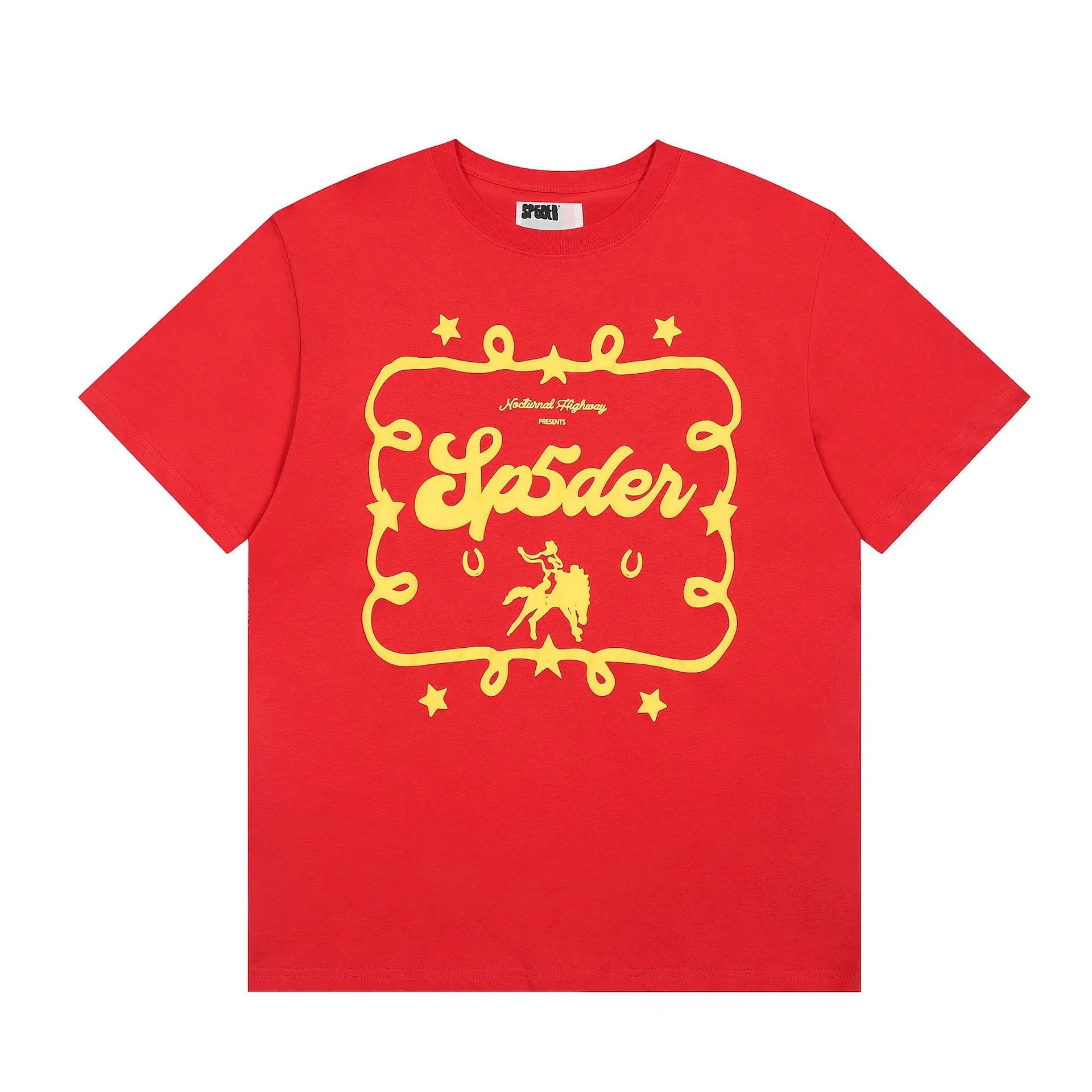 Red Sp5der rodeo graphic short sleeve t-shirt with yellow print on chest